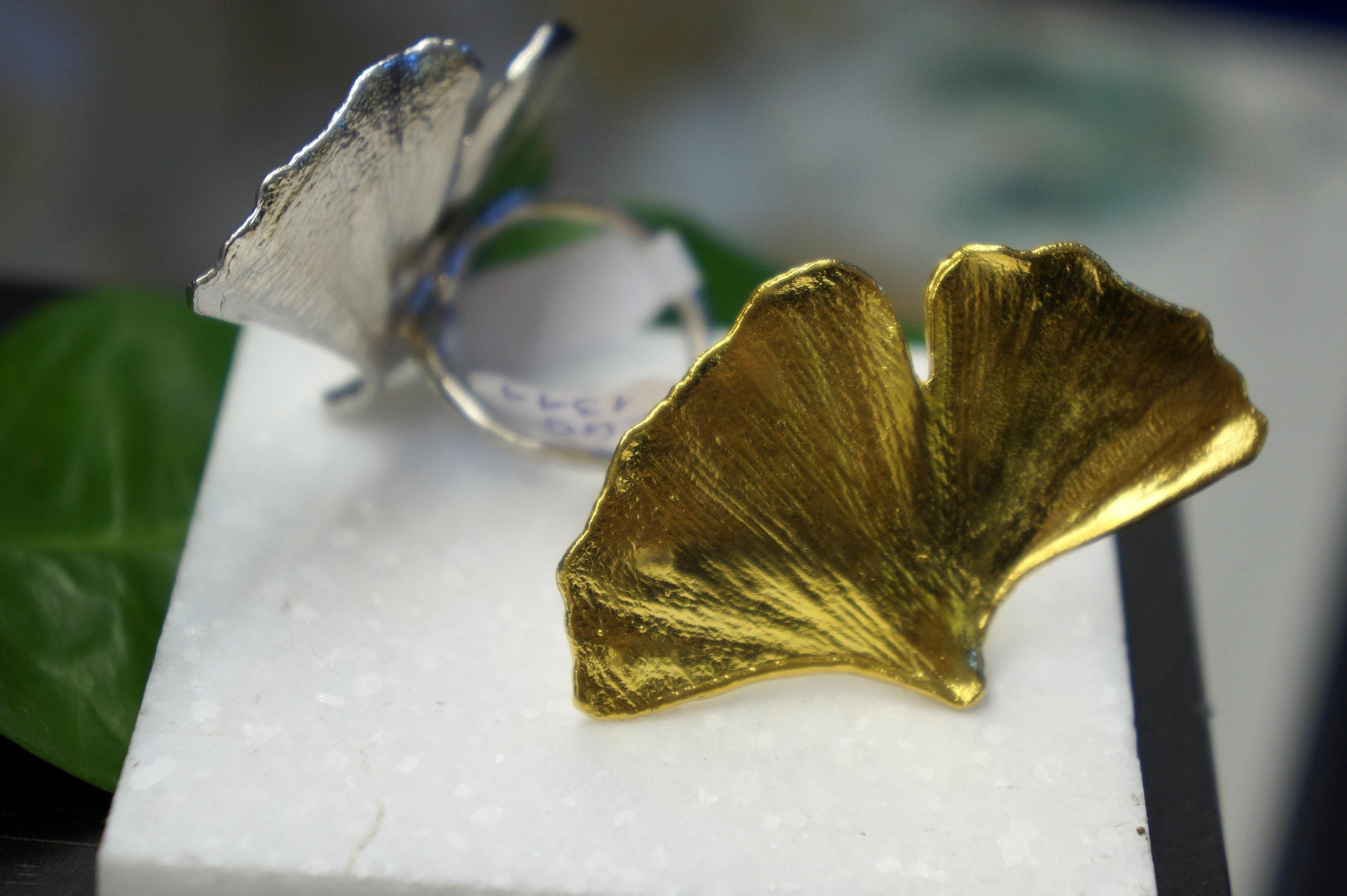 Real Ginkgo Biloba Leaf Ring, Handmade Nature Jewelry, Botanical Statement Band, Gift for Luck & Longevity, Sustainable Sterling Silver 925