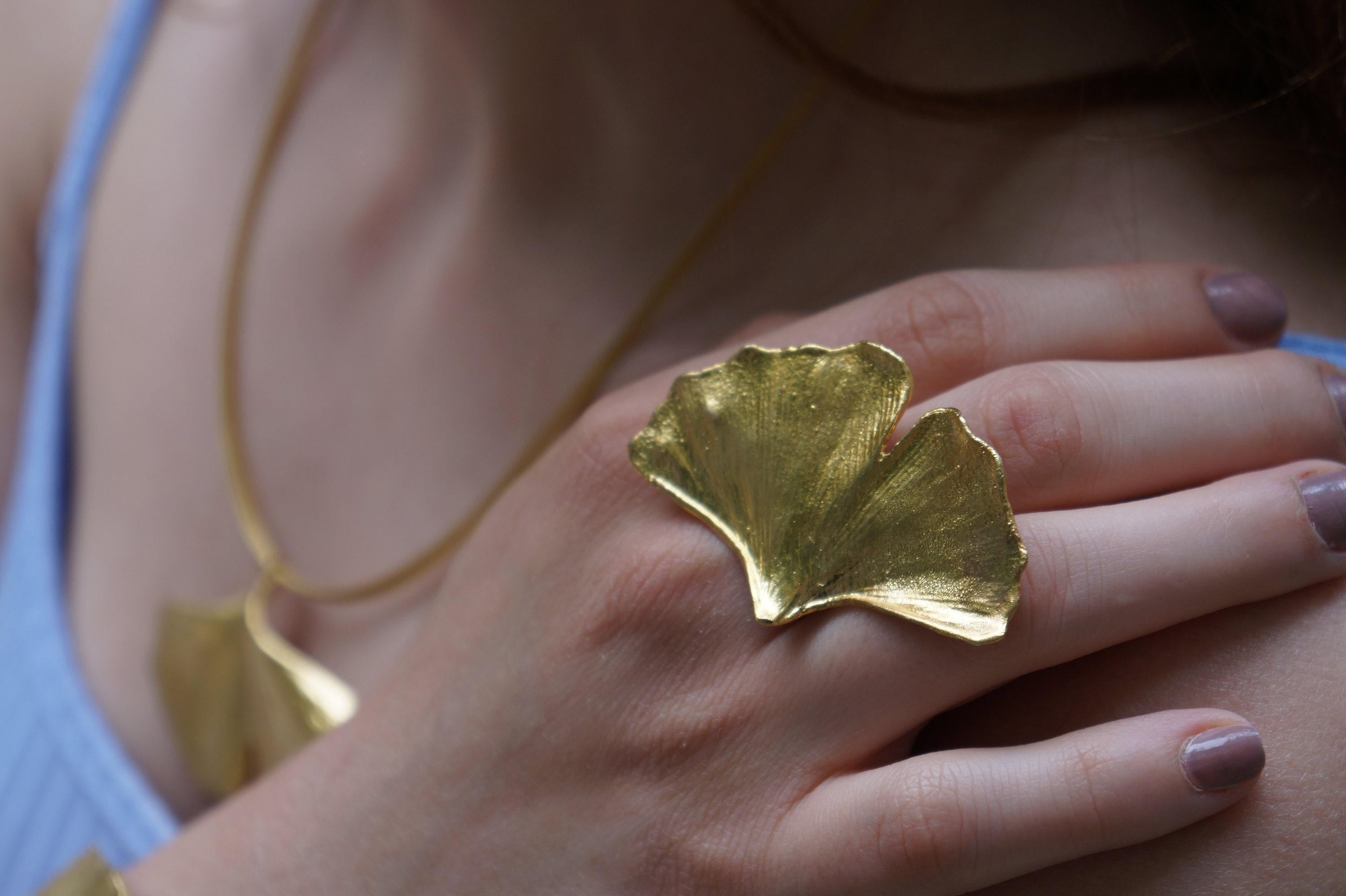 Real Ginkgo Biloba Leaf Ring, Handmade Nature Jewelry, Botanical Statement Band, Gift for Luck & Longevity, Sustainable Sterling Silver 925